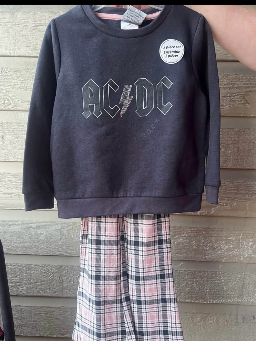 AC/DC Girls' Black Pullover & Pink Plaid Bottoms Set